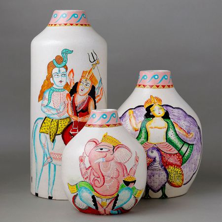 Handcrafted Ceramic Kalighat Shiva Parvati Family Decorative Vase Set of 3
